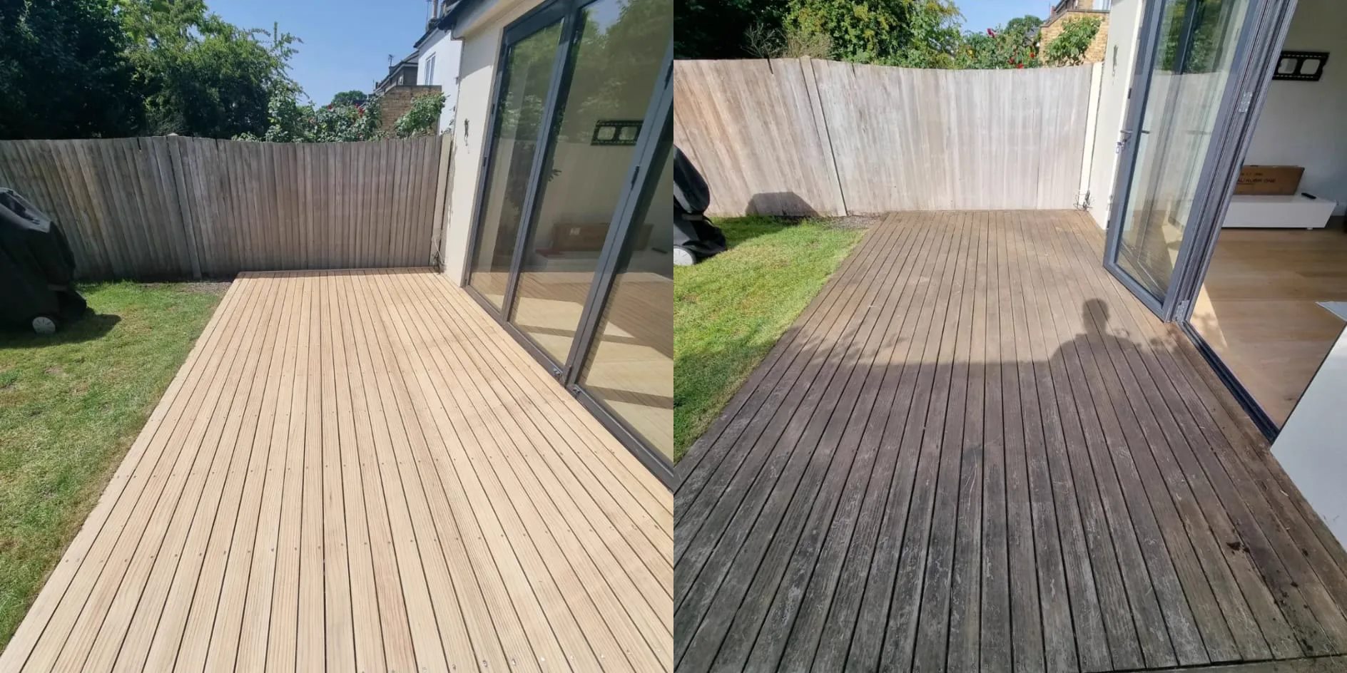 Before and after: grey weathered Battersea SW11 garden decking sanded back to fresh clean timber by Howard Naish