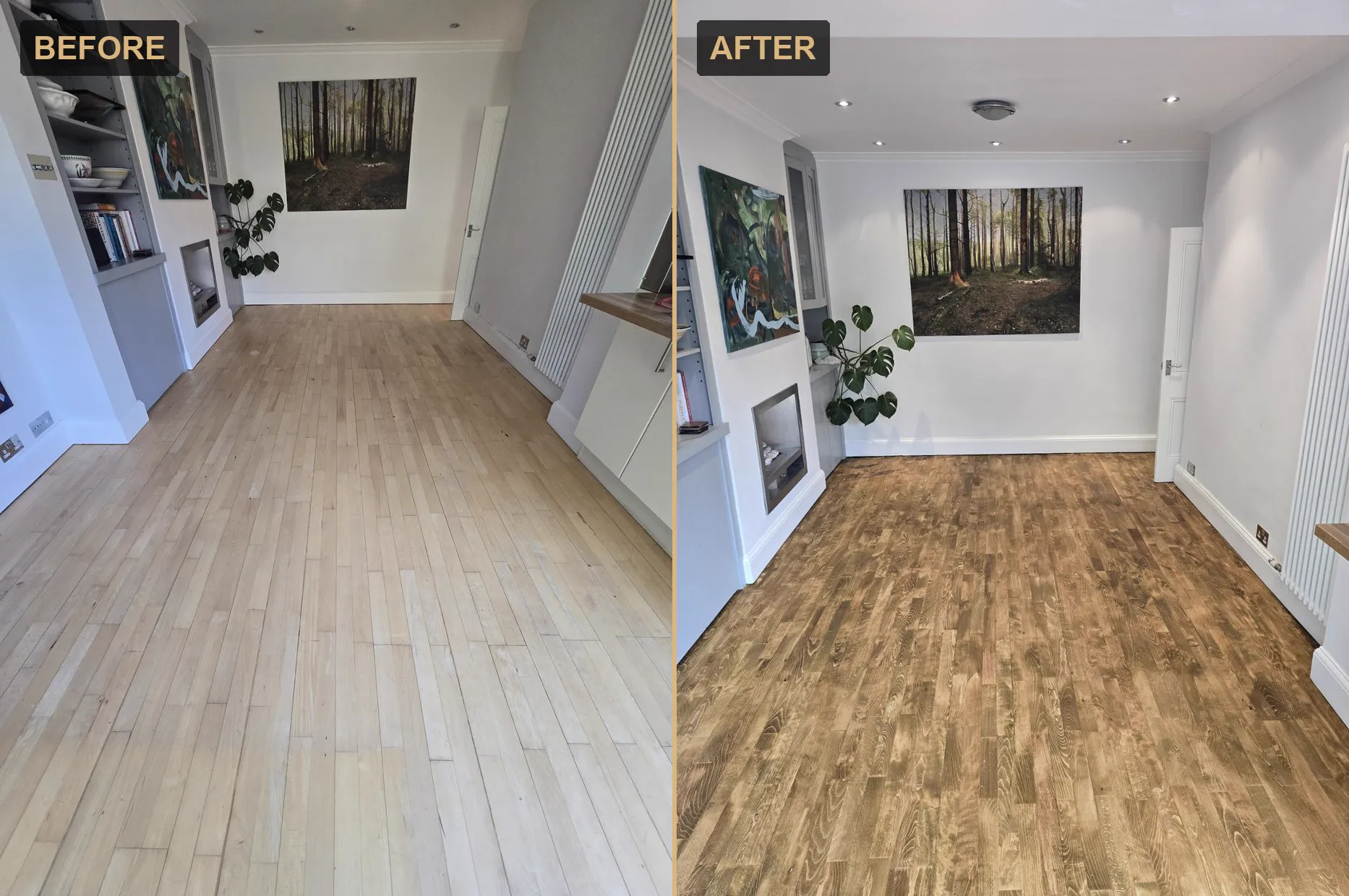 Beech floor in Gipsy Hill SE19 sanded and stained a rich even brown by Howard Naish
