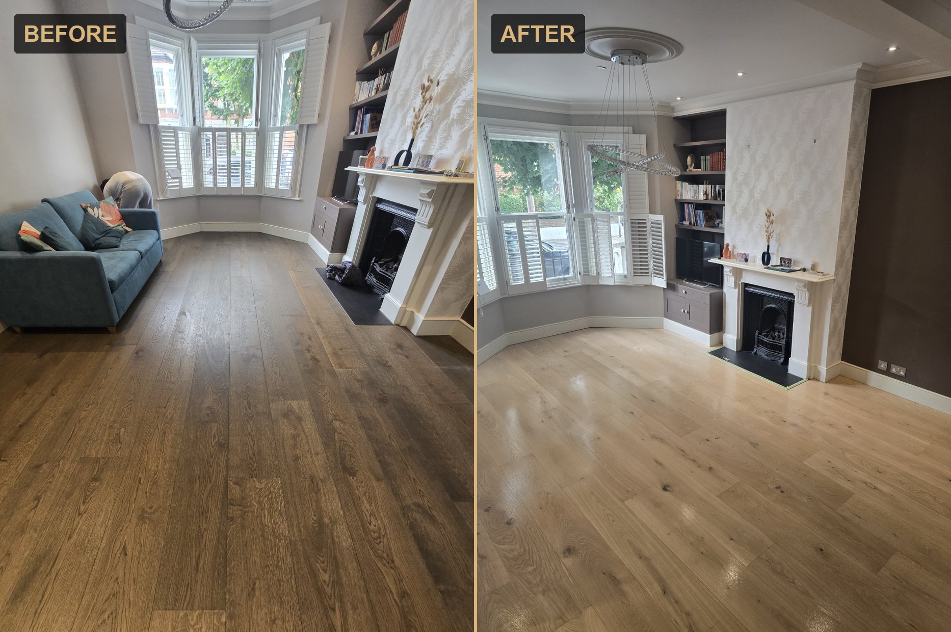 Before and after: a dark stained oak floor sanded back to natural oak by Howard Naish