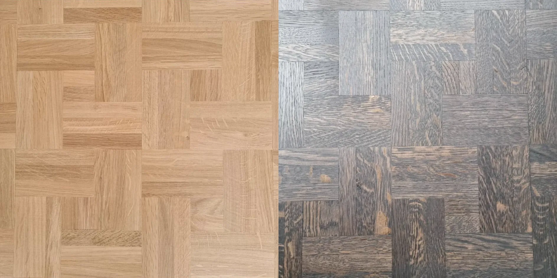 The same new oak finger mosaic parquet floor in Chipstead shown raw natural on one side and stained black on the other