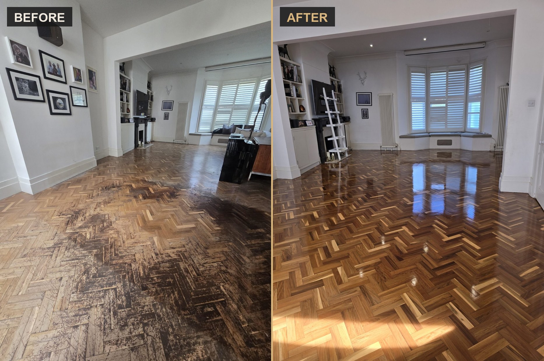 Before and after of a badly worn herringbone parquet floor in Clapham, restored to a glowing finish by Howard Naish