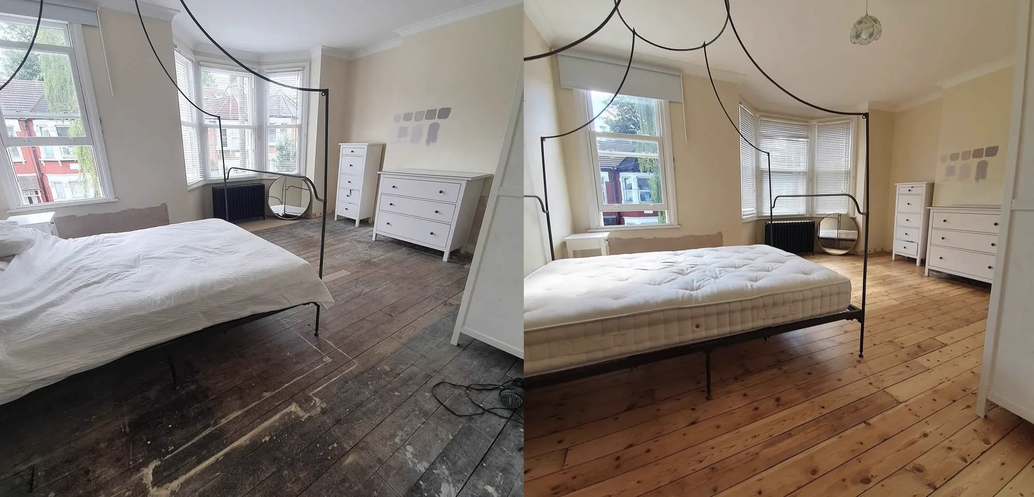 Original pine bedroom floorboards in Crystal Palace SE19 restored to warm honey pine by Howard Naish