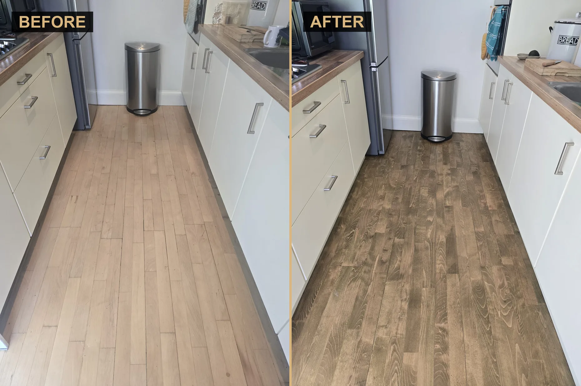 Before and after of a beech kitchen floor in Gipsy Hill, sanded back pale then stained a rich even brown by Howard Naish