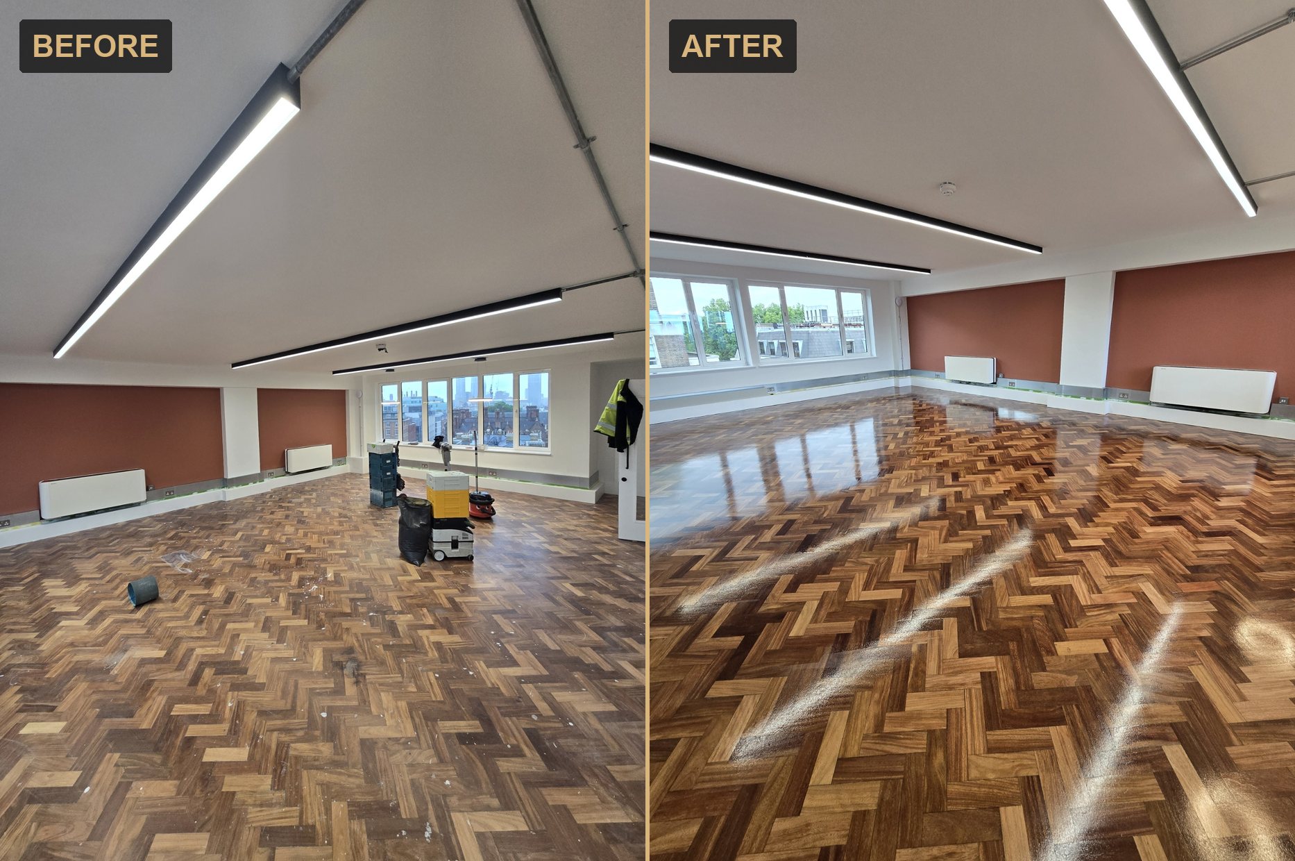Before and after of a Kensington W8 office: paint-spattered herringbone parquet transformed by sanding and refinishing