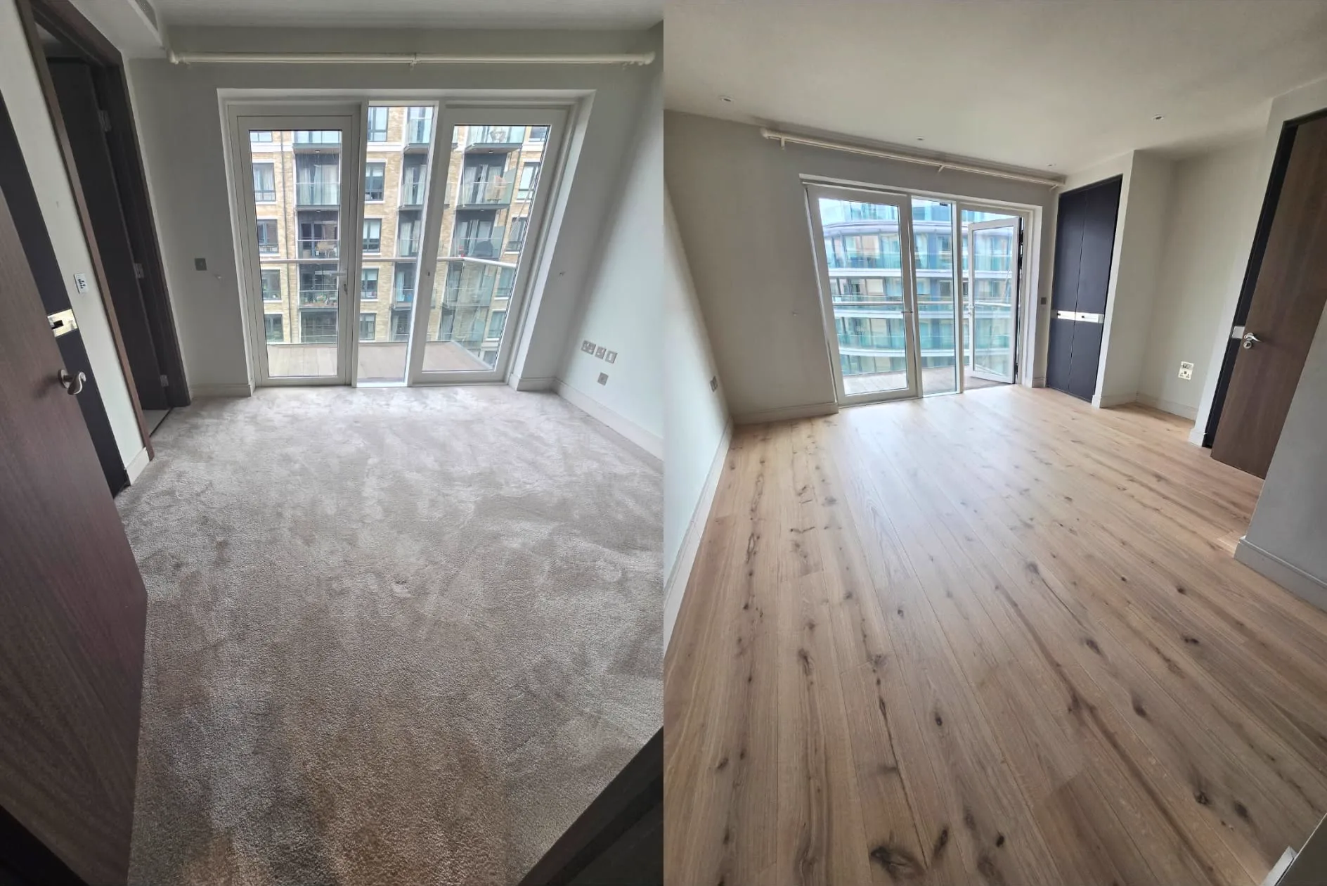 Before and after: Putney SW15 bedroom carpet replaced with a new engineered oak floor matched to the rest of the home by Howard Naish