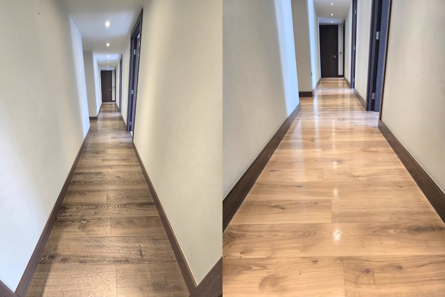 Before and after: dark dull hallway floor in a Putney SW15 apartment sanded and refinished to a clean light oak by Howard Naish