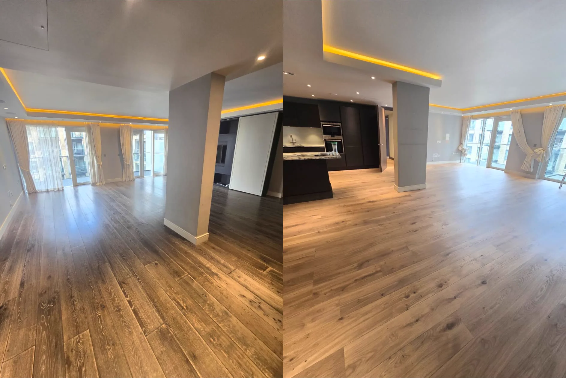 Before and after: dark tired oak in a Putney SW15 riverside apartment living space sanded back to light natural oak by Howard Naish