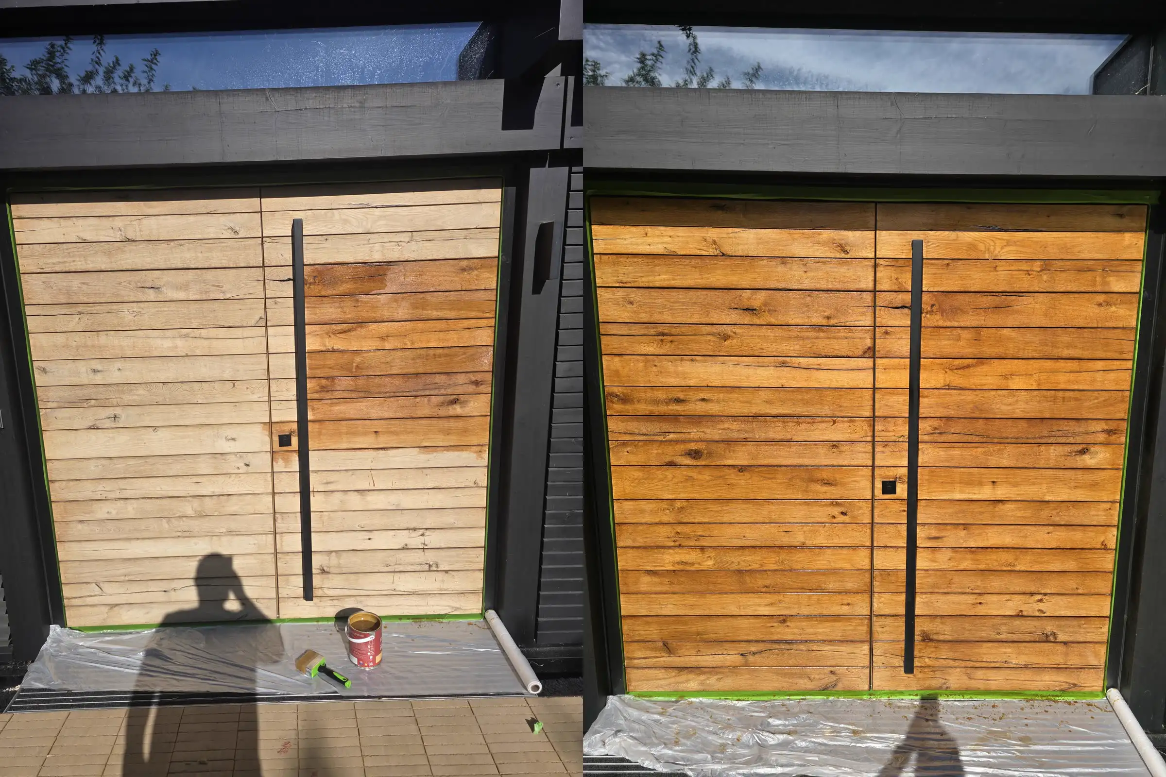 Side by side before and after of the Richmond driveway gate: dry faded hardwood on the left, rich oiled finish on the right