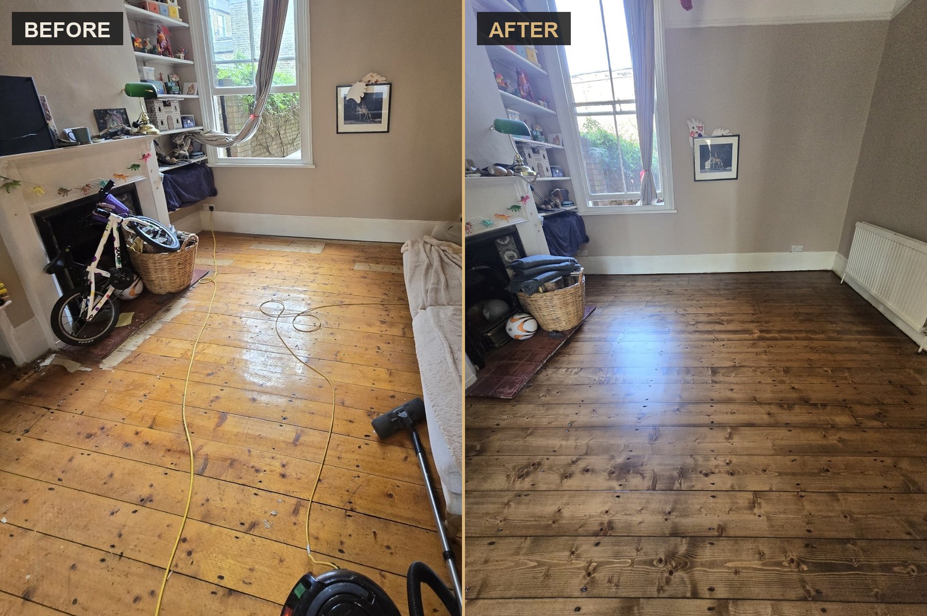 Before and after of a Streatham Hill family room: orange varnished pine sanded back and stained a deep even brown by Howard Naish
