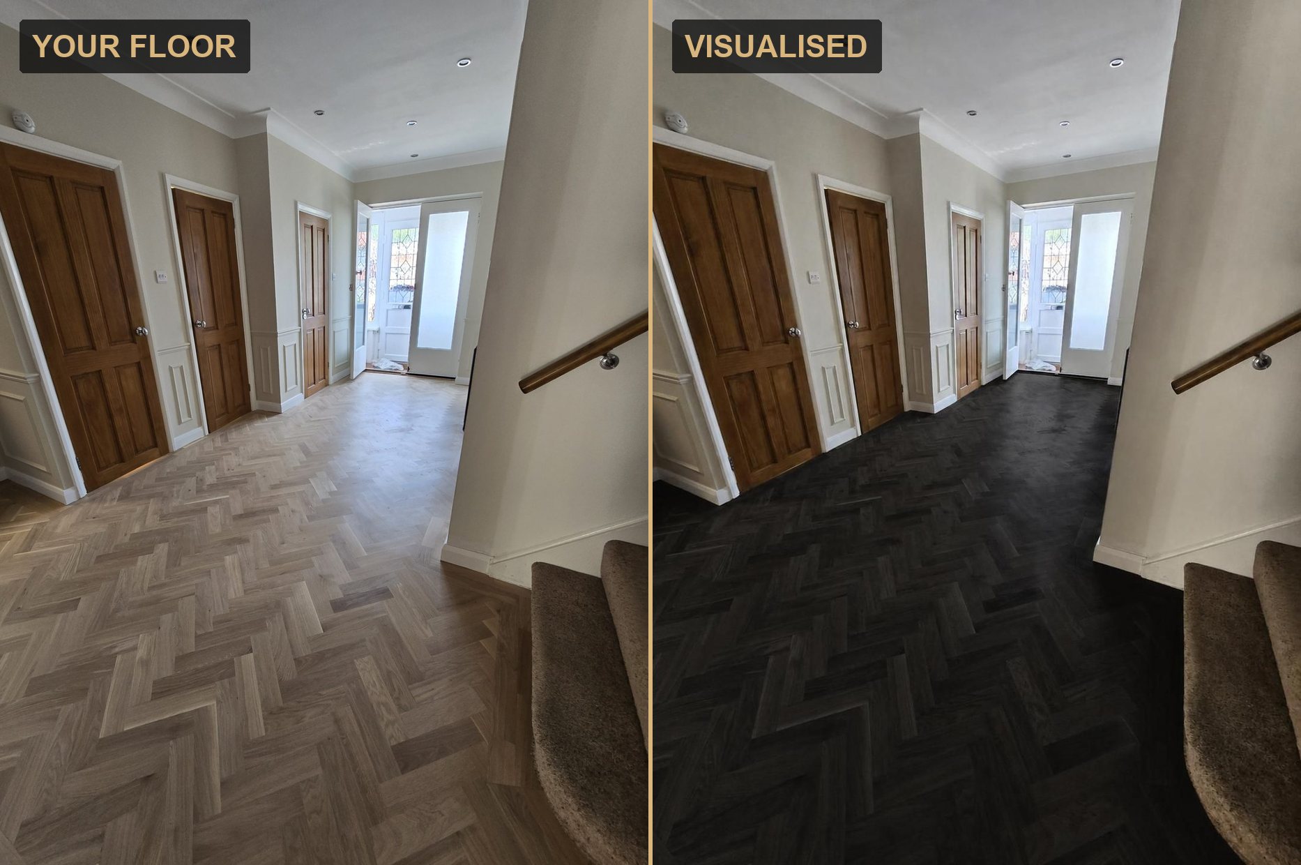 Before and visualised: a pale herringbone hallway shown transformed to a deep Ebony stain by the Howard Naish floor visualiser