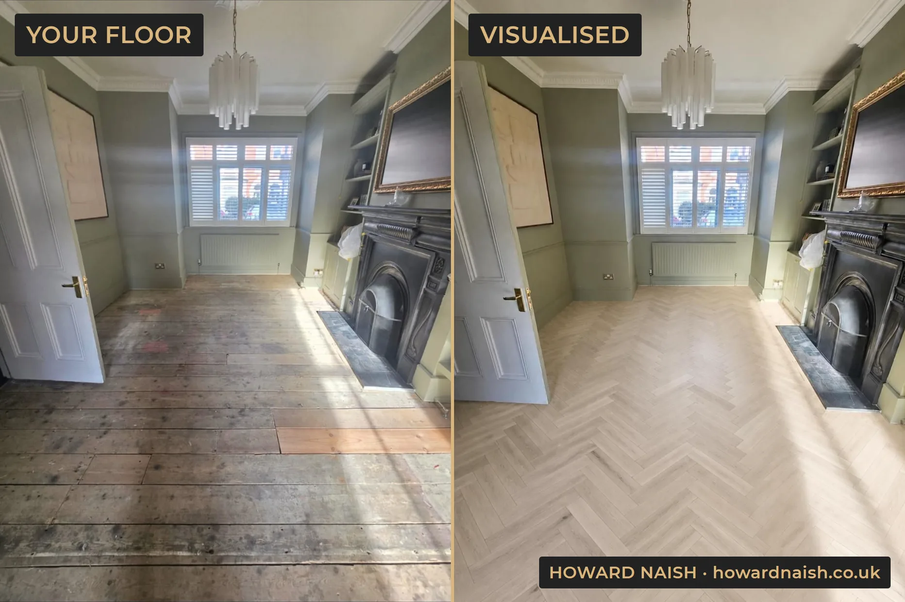 Bare, worn pine floorboards in a period living room beside the same room visualised with an unfinished oak herringbone floor
